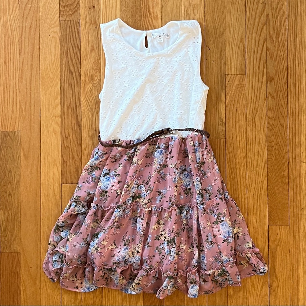Girls sz 14 Floral Soft Coral and Eyelet Off White Belted Dress